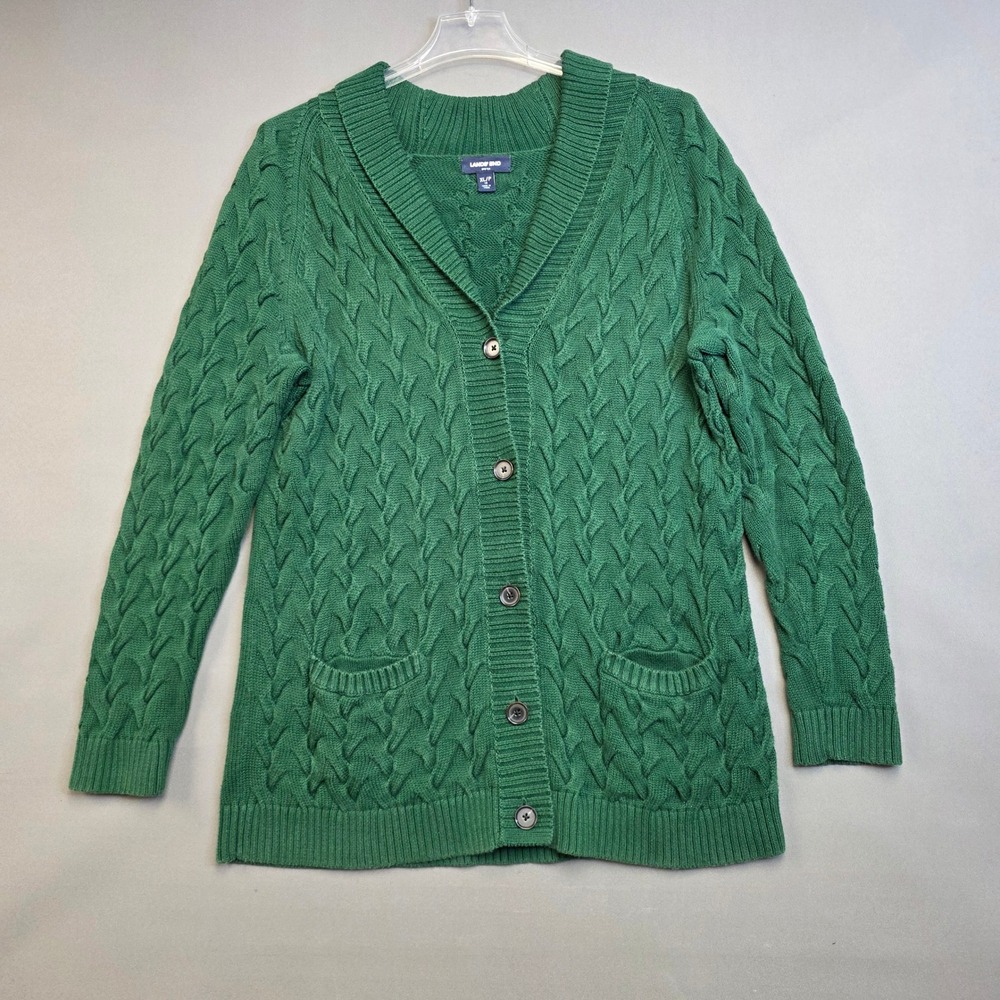 Lands' End Cardigan Women's Drifter Cable Knit Shawl Neck Green XL/P